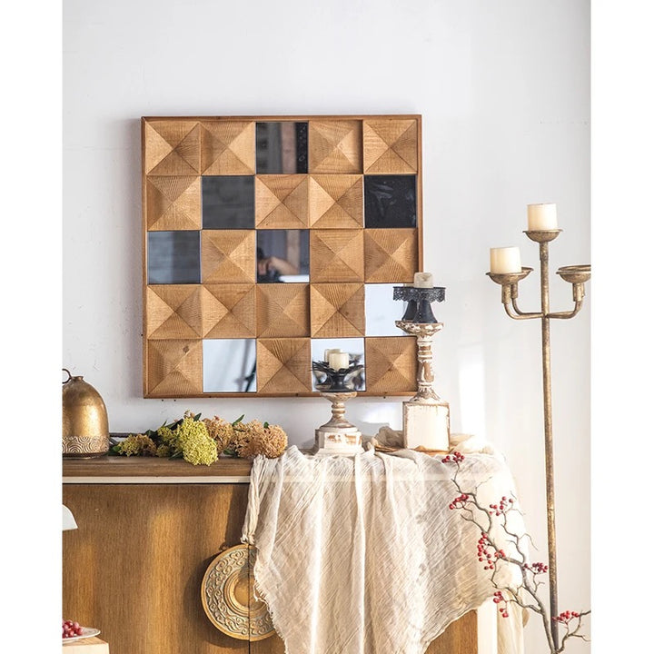 Geometric Wooden Wall Mirror with Carved Design