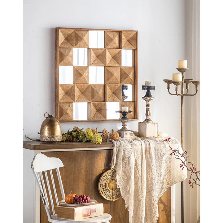 Geometric Wooden Wall Mirror with Carved Design