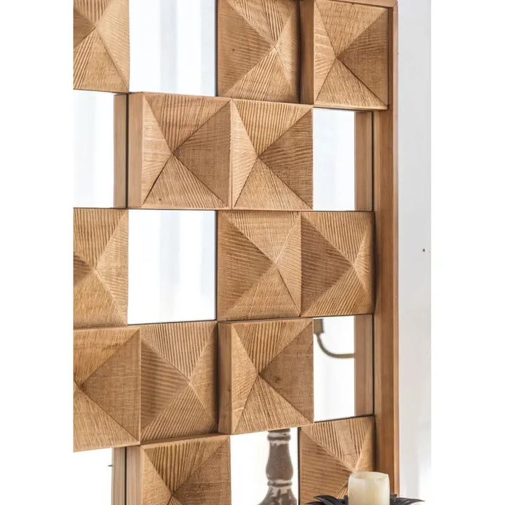 Geometric Wooden Wall Mirror with Carved Design