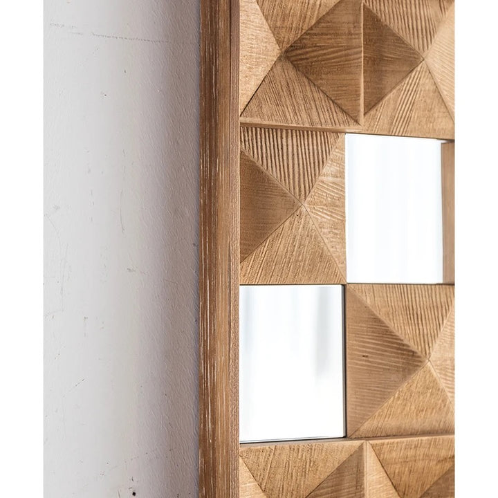 Geometric Wooden Wall Mirror with Carved Design