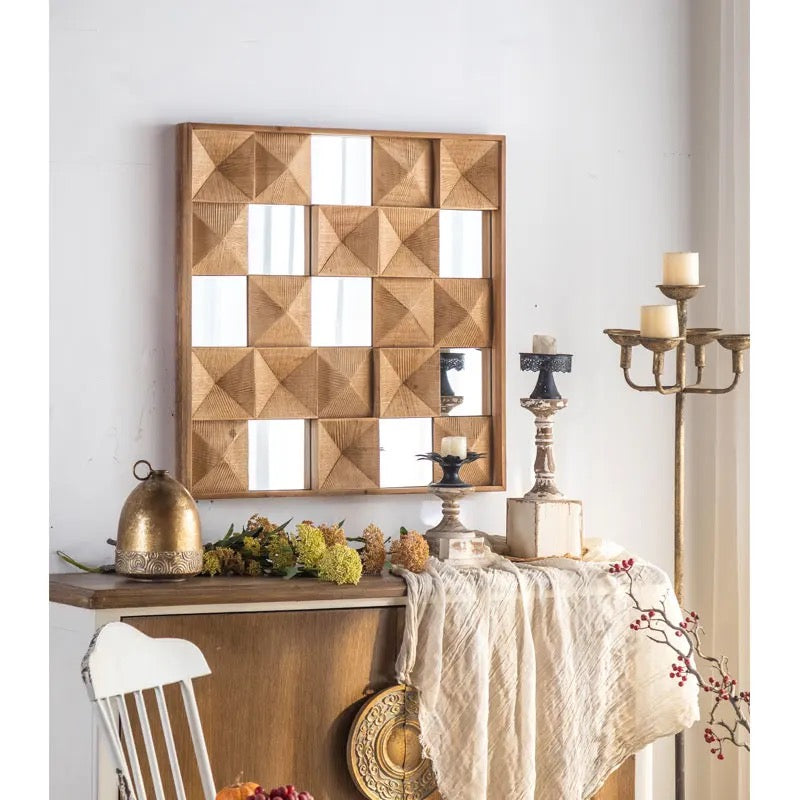 Geometric Wooden Wall Mirror with Carved Design