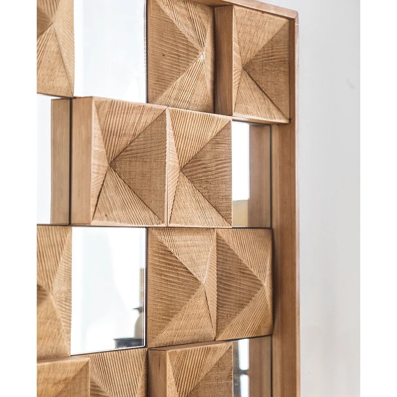 Geometric Wooden Wall Mirror with Carved Design