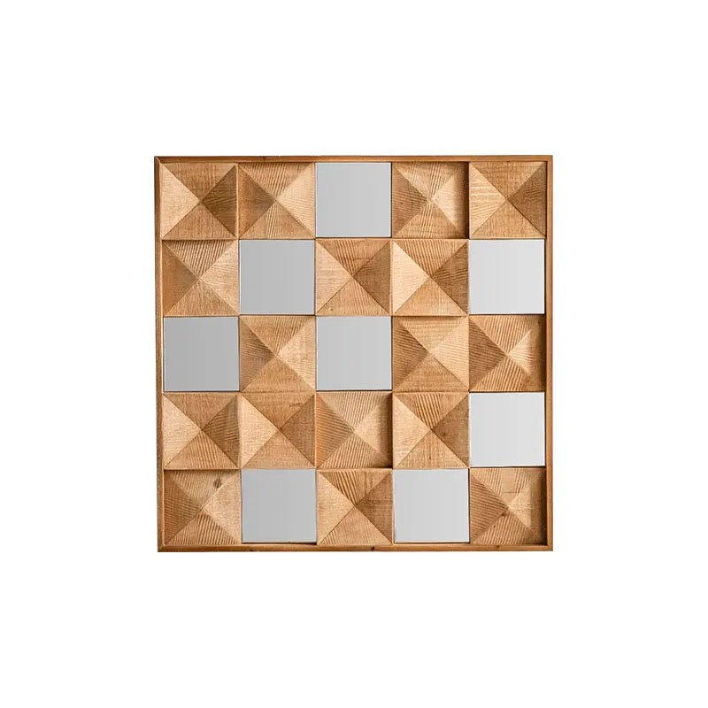 Geometric Wooden Wall Mirror with Carved Design