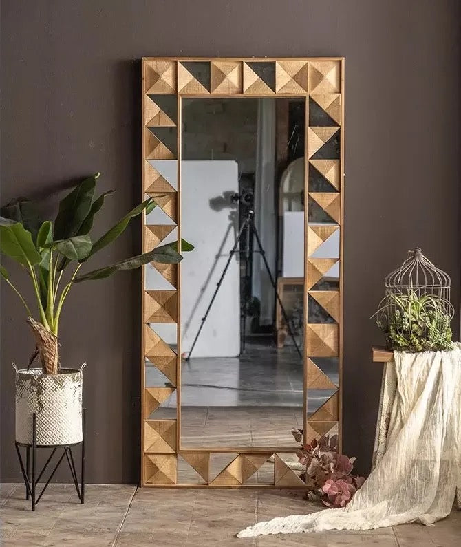 Geometric Wooden Full-Length Mirror with Carved Design