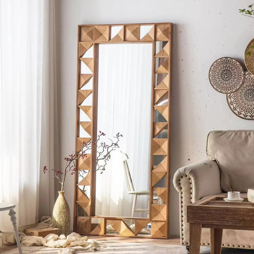 Geometric Wooden Full-Length Mirror with Carved Design