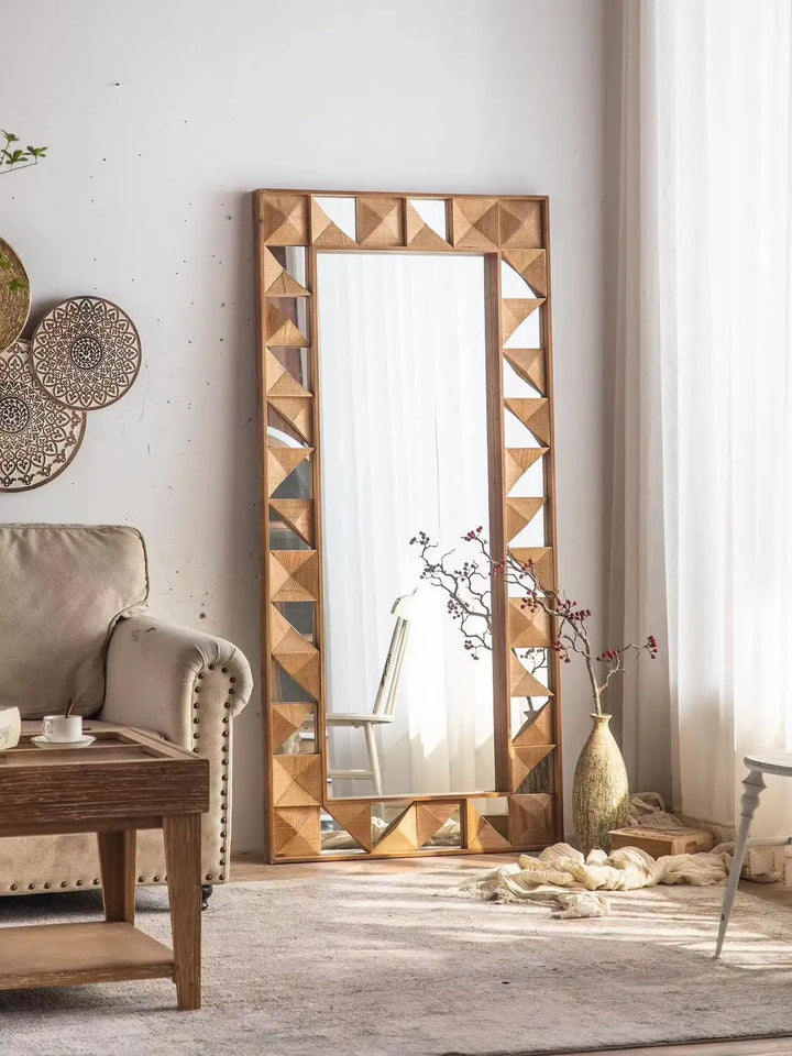 Geometric Wooden Full-Length Mirror with Carved Design