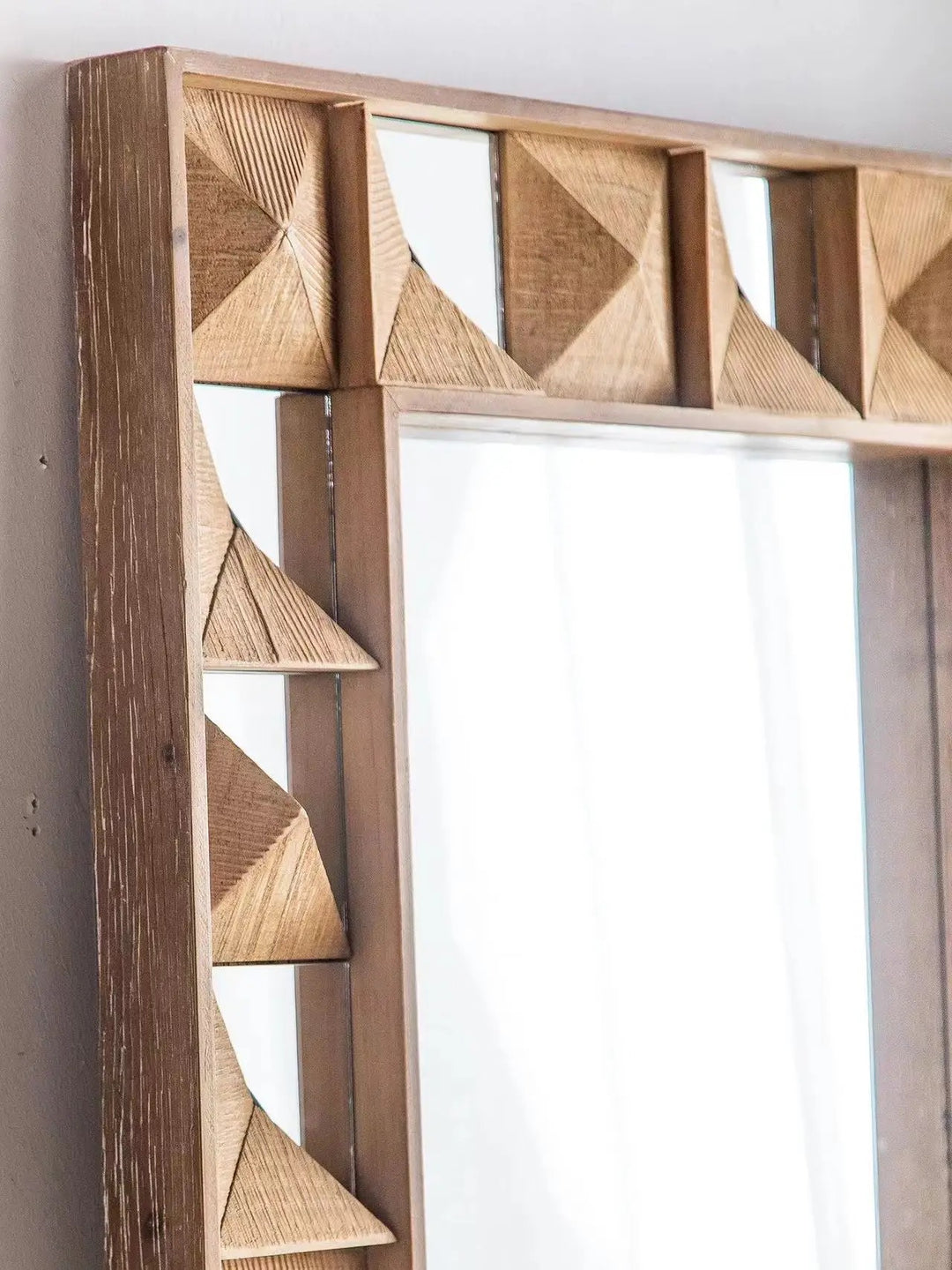 Geometric Wooden Full-Length Mirror with Carved Design