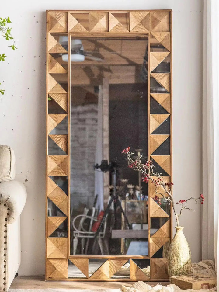 Geometric Wooden Full-Length Mirror with Carved Design