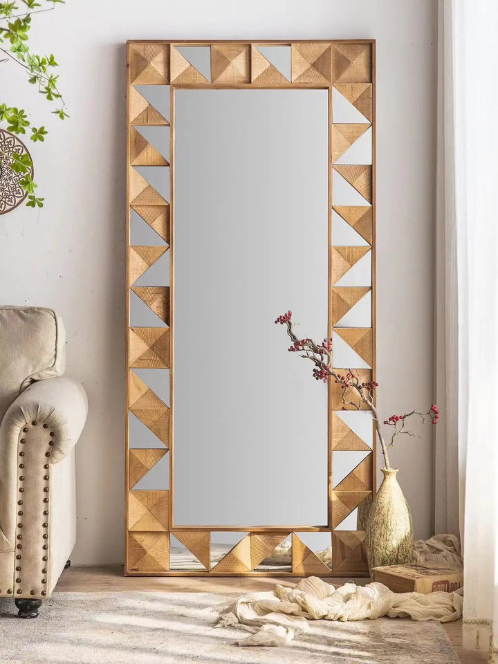 Geometric Wooden Full-Length Mirror with Carved Design