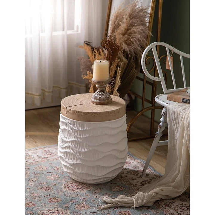 Rustic Wooden Stool with Textured White Base