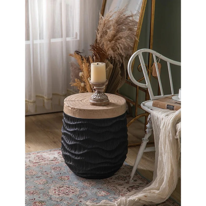 Rustic Wooden Stool with Textured Black Base