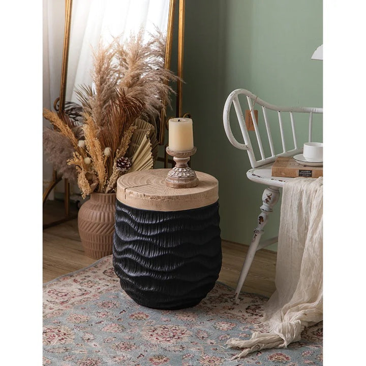 Rustic Wooden Stool with Textured Black Base