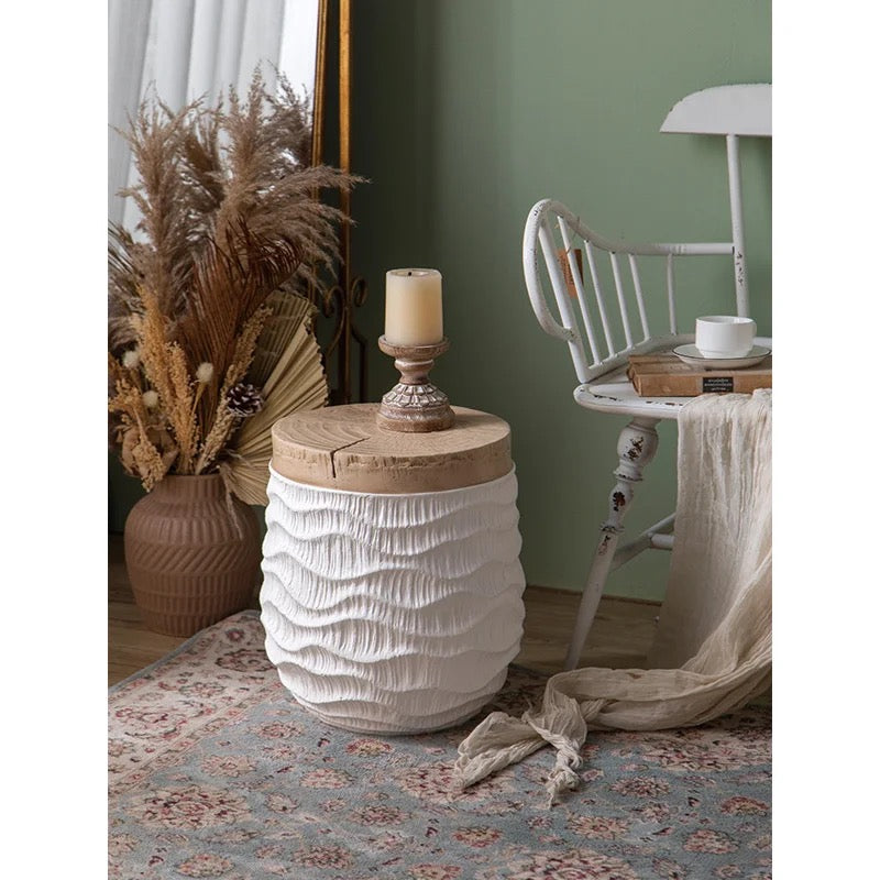 Rustic Wooden Stool with Textured White Base