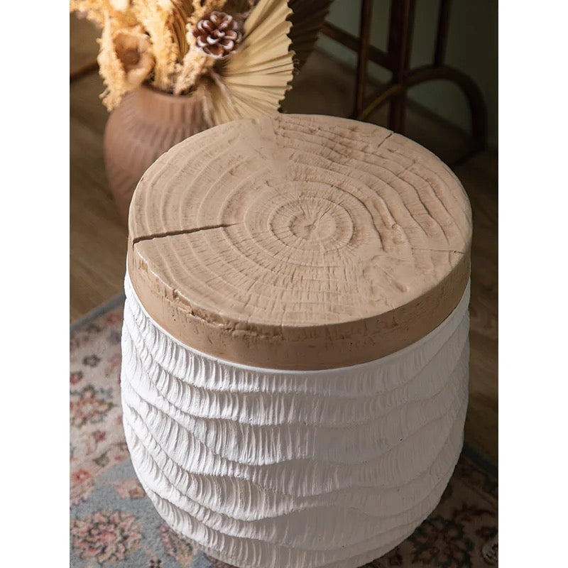 Rustic Wooden Stool with Textured White Base