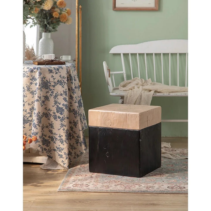 Natural & Black Wooden Block Stool