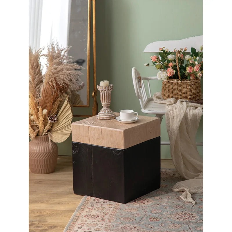 Natural & Black Wooden Block Stool