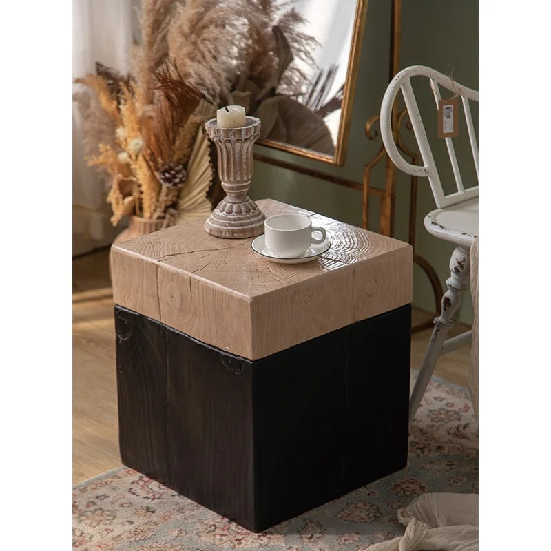 Natural & Black Wooden Block Stool