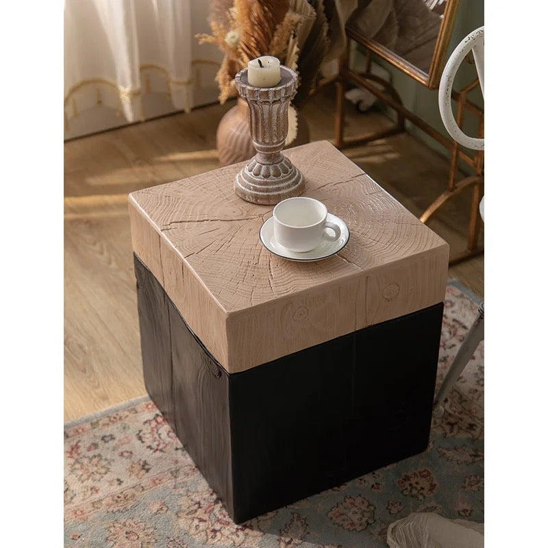 Natural & Black Wooden Block Stool