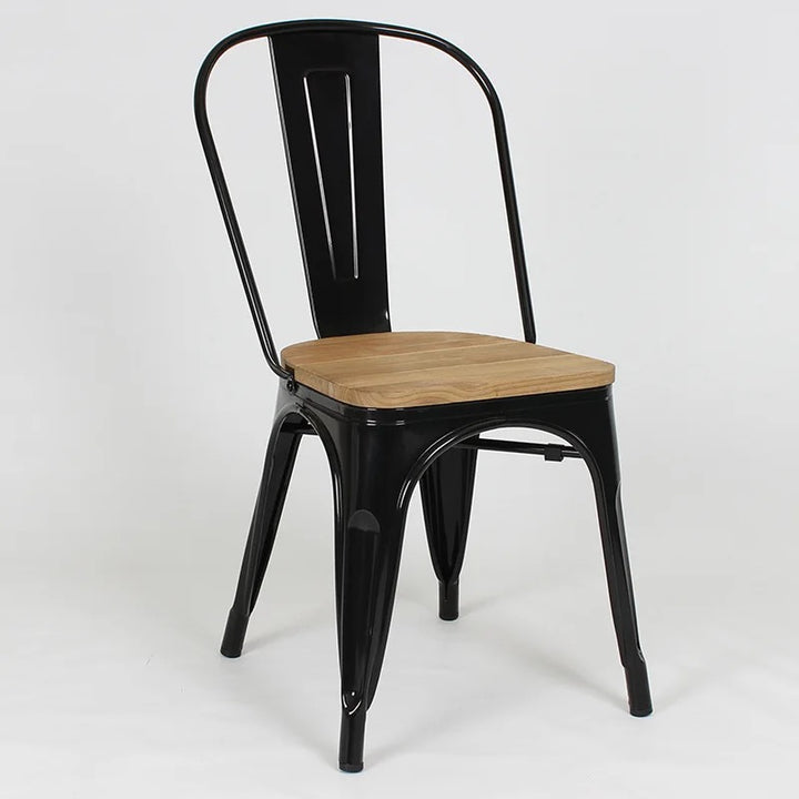 Industrial Black Metal Chair with Wooden Seat