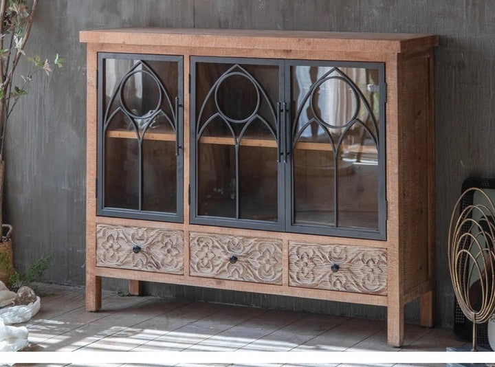 Rustic Wooden Cabinet with Glass Doors and Metal Accents