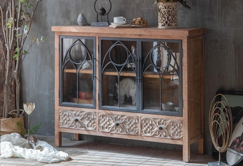 Rustic Wooden Cabinet with Glass Doors and Metal Accents