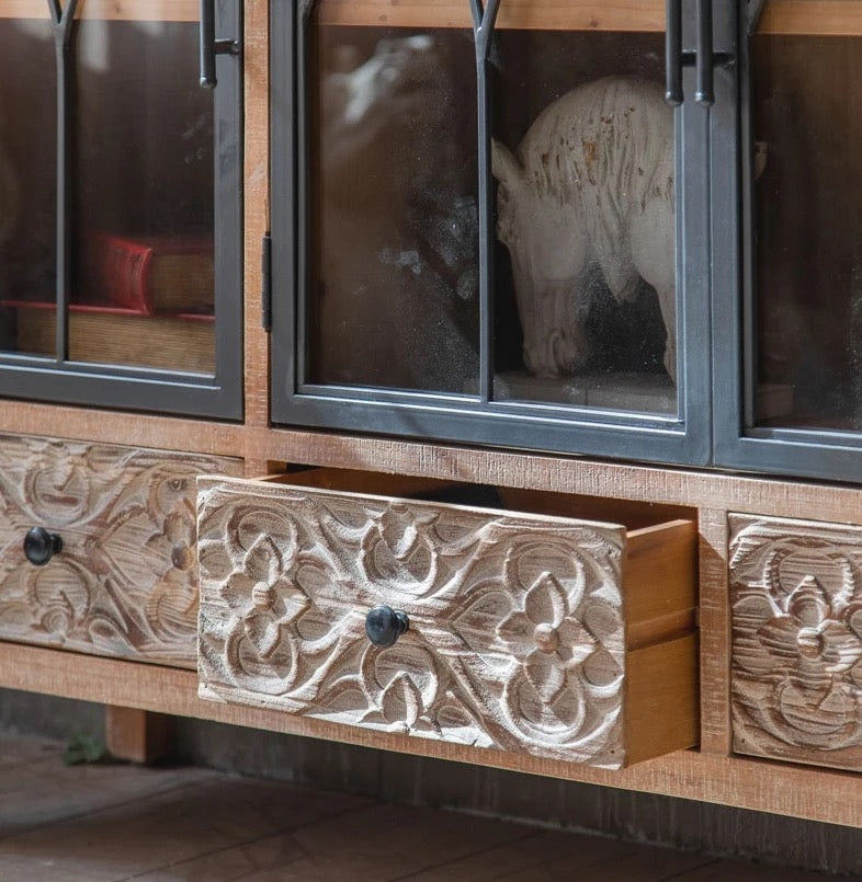 Rustic Wooden Cabinet with Glass Doors and Metal Accents