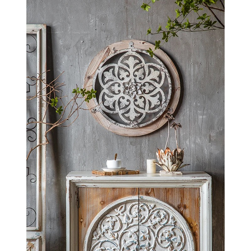 Vintage Rustic Round Wall Art with Floral Metal Accent