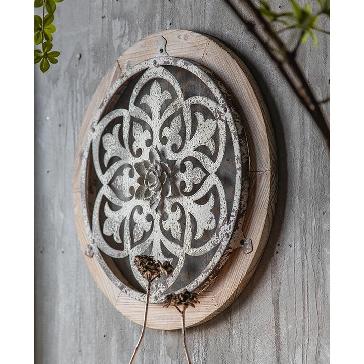 Vintage Rustic Round Wall Art with Floral Metal Accent