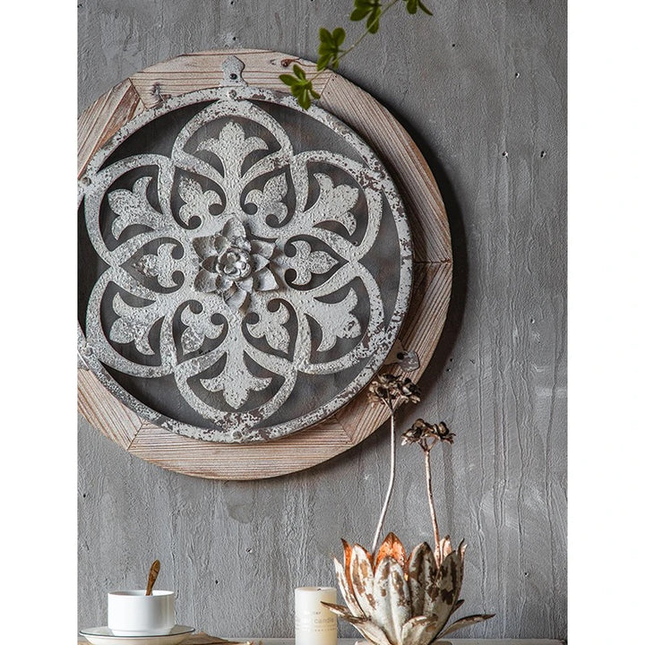 Vintage Rustic Round Wall Art with Floral Metal Accent