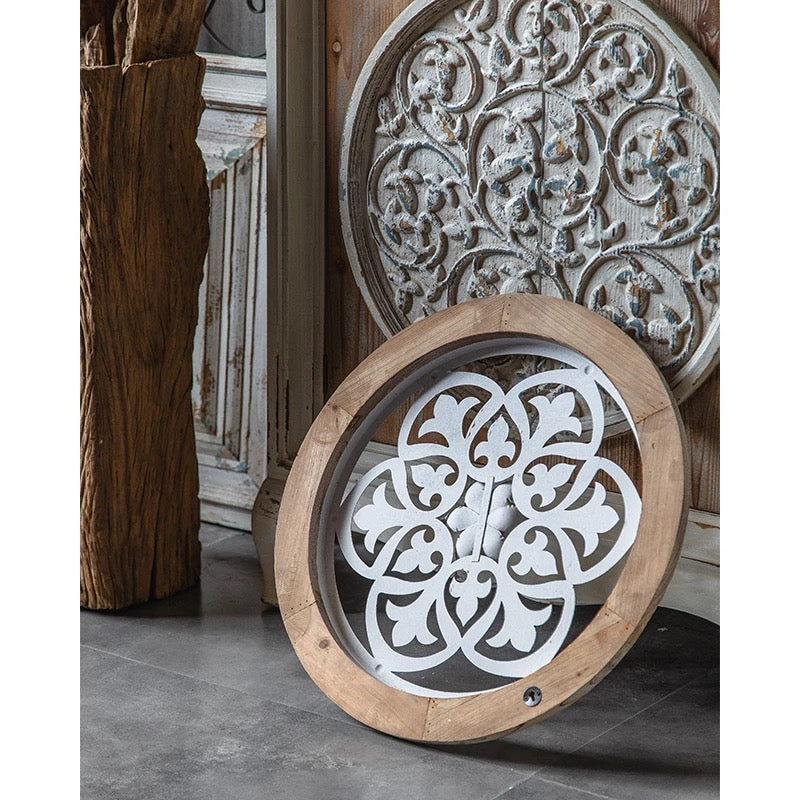 Vintage Rustic Round Wall Art with Floral Metal Accent