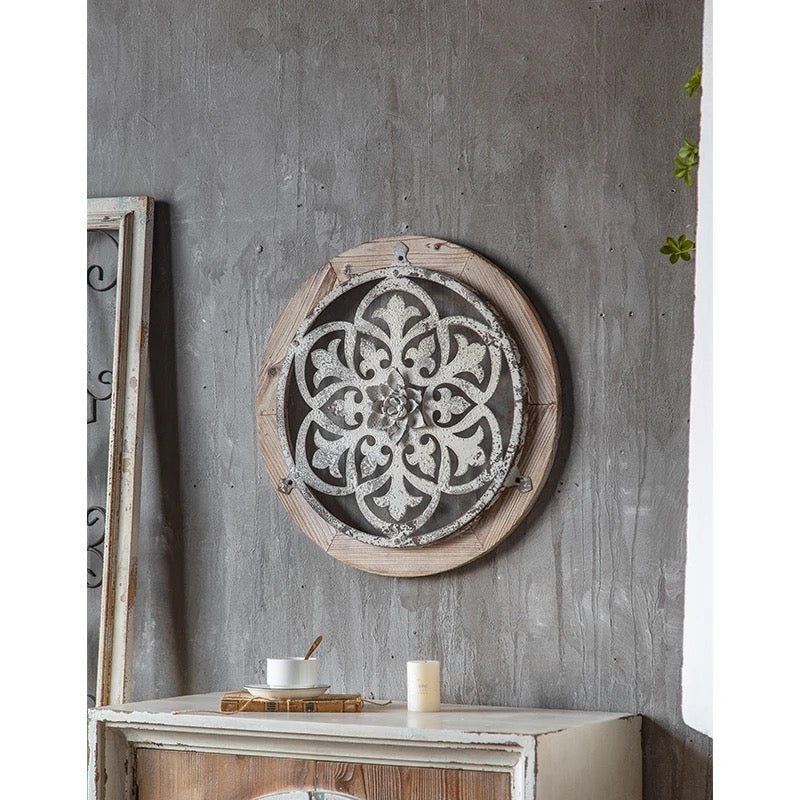 Vintage Rustic Round Wall Art with Floral Metal Accent