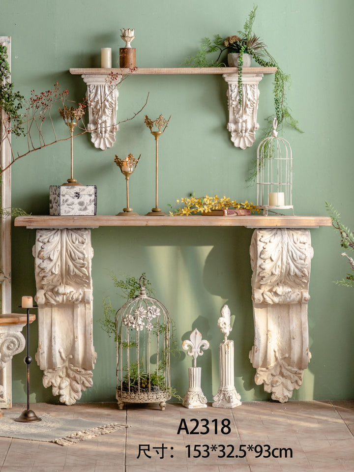 Rustic Wooden Console with Ornate Corbel Brackets