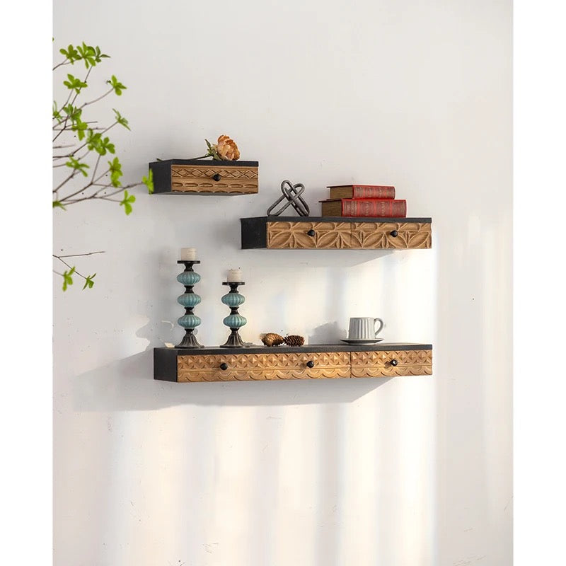 Hand-Carved Wood Floating Shelf with Drawers