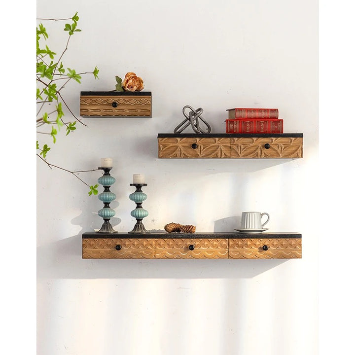 Hand-Carved Wood Floating Shelf with Drawers