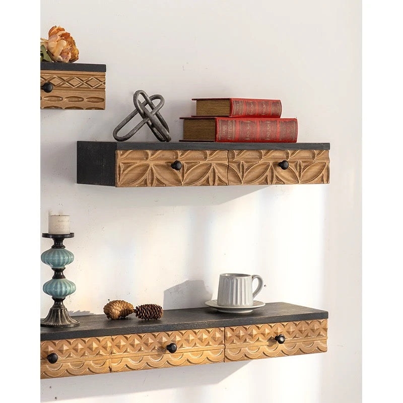 Hand-Carved Wood Floating Shelf with Drawers