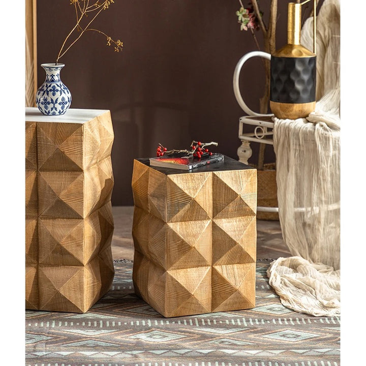 Geometric Wooden Side Table with Dark Top