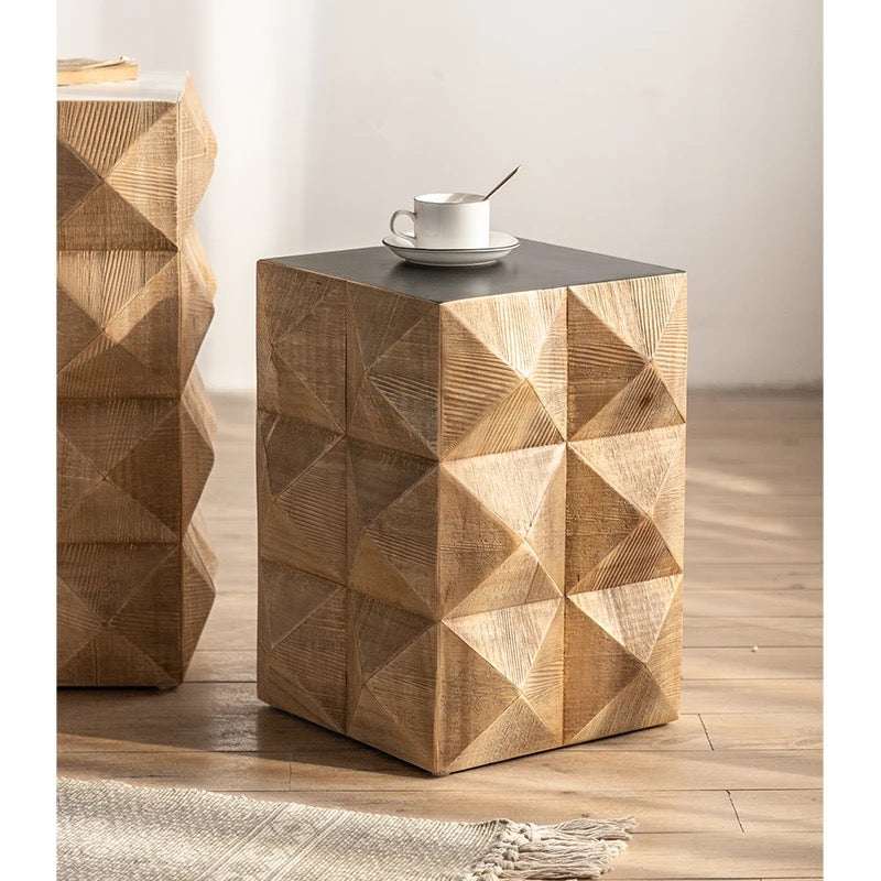 Geometric Wooden Side Table with Dark Top