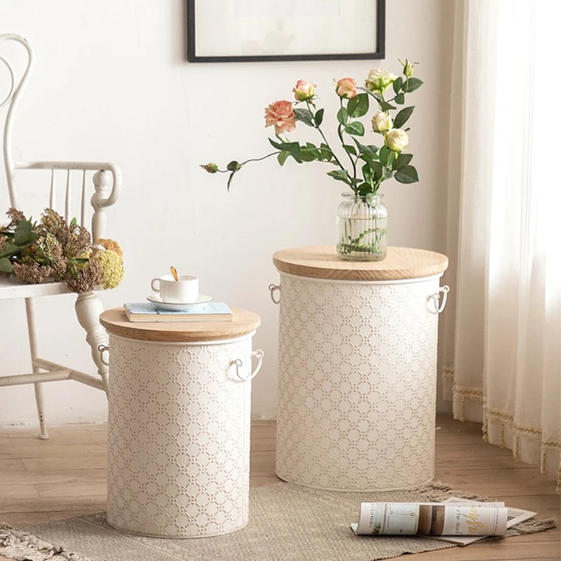 Vintage Lace-Patterned Side Table with Wooden Top