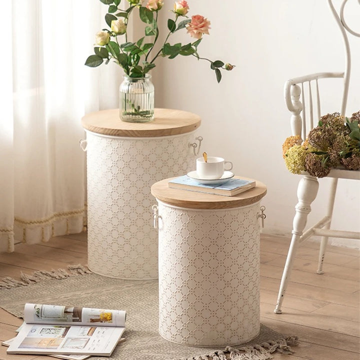 Vintage Lace-Patterned Side Table with Wooden Top