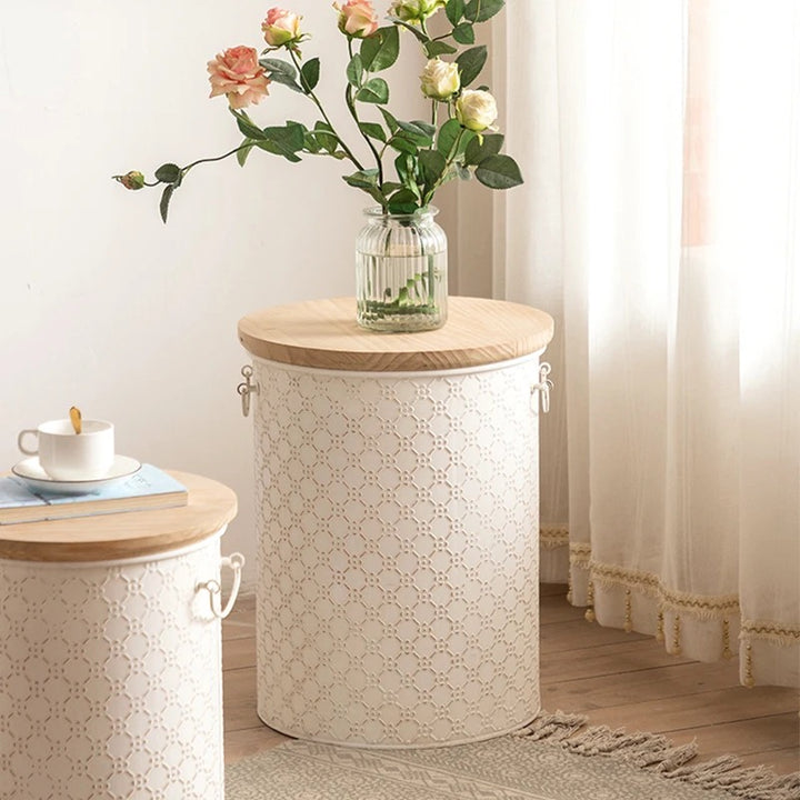 Vintage Lace-Patterned Side Table with Wooden Top