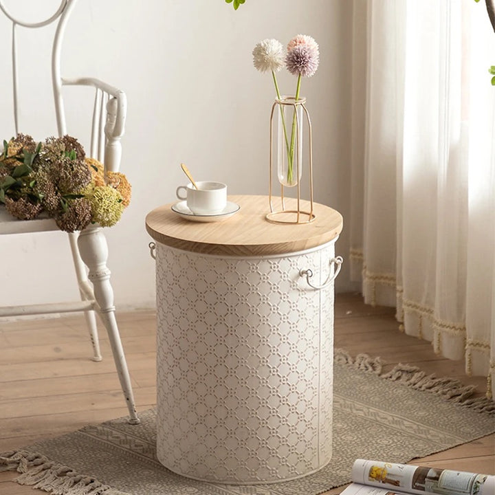 Vintage Lace-Patterned Side Table with Wooden Top