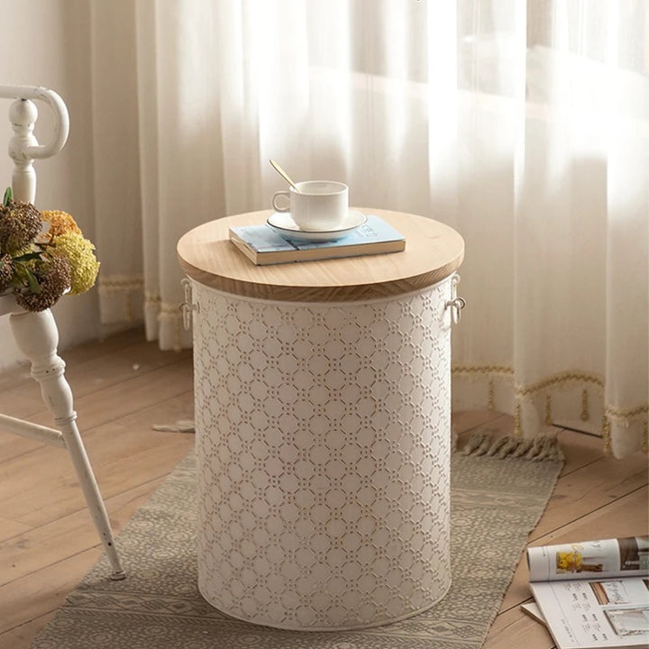 Vintage Lace-Patterned Side Table with Wooden Top