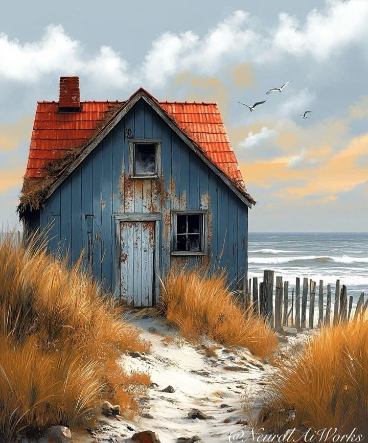 Coastal Cottage by the Sea Canvas Wall Art