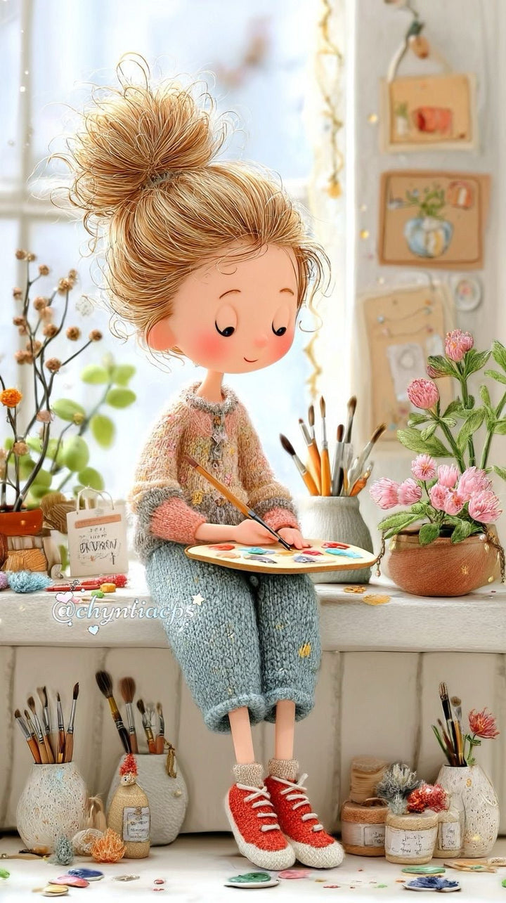 Whimsical Painter Girl Canvas Wall Art