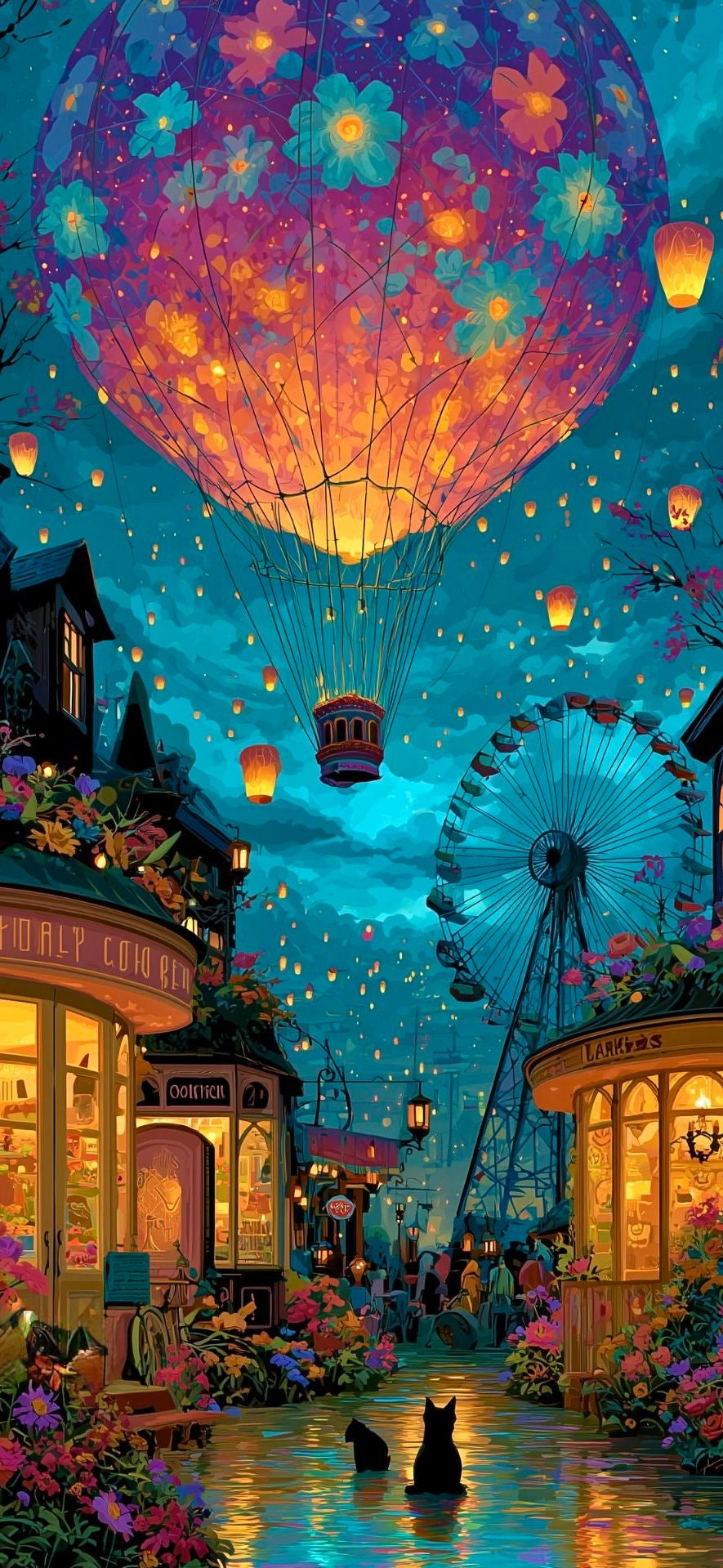 Dreamy Night Balloon Town Canvas