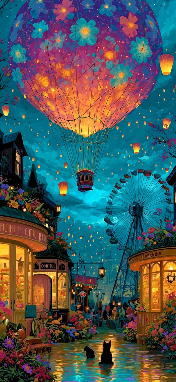 Dreamy Night Balloon Town Canvas