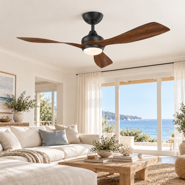 Modern Ceiling Fan with Walnut Wood Blades and LED Light