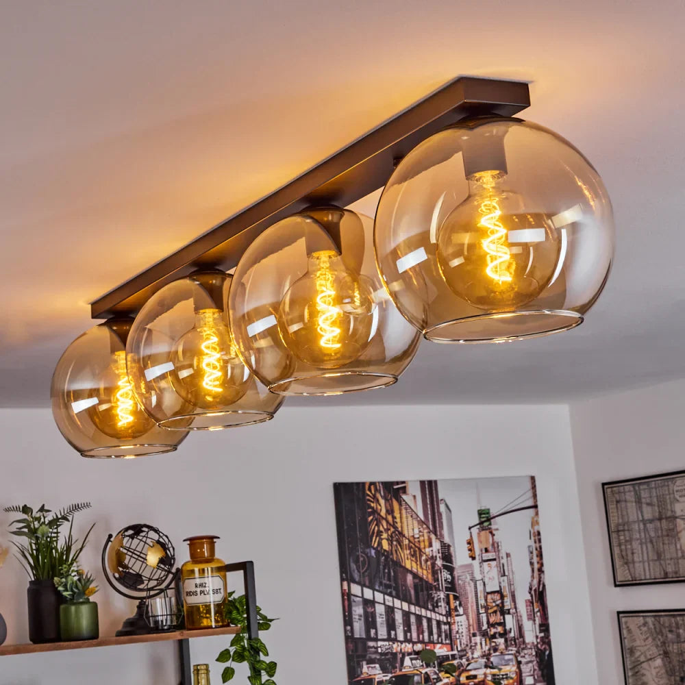 Modern Amber Glass Globe Ceiling Light - Bar Design