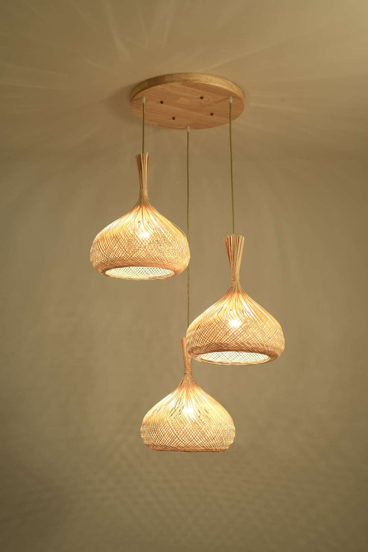 Triple Bamboo Pendant Light with Woven Shades