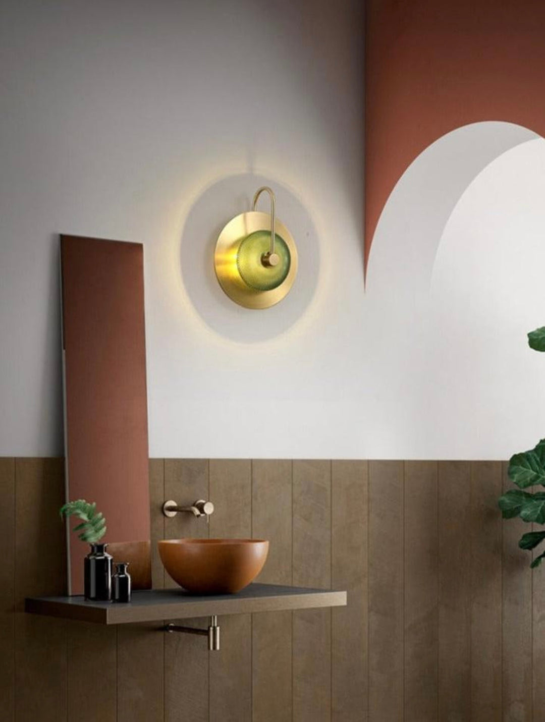 Contemporary Wall Light with Textured Green Glass and Gold Finish